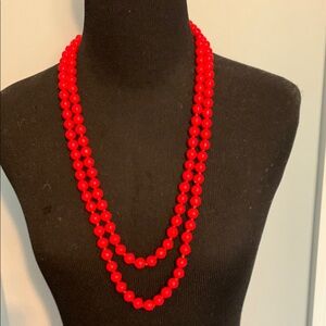 60 Inch Red Stone Knotted Round Beaded Necklace